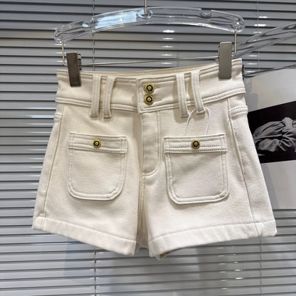 Popular 2025 Winter New Style Street Style Hot Girl Metal Buckle 3D Pocket Fleece Lined Three-Point Denim Shorts for Women
