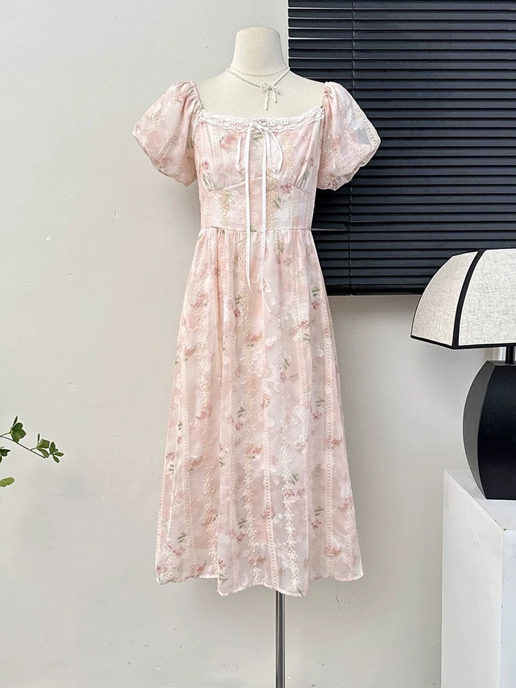 Gentle style sweet floral puff sleeve dress for women summer niche design hollow embroidery loose big swing skirt
