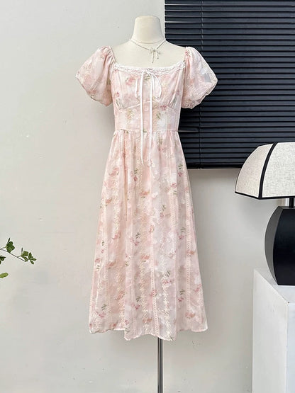 Gentle style sweet floral puff sleeve dress for women summer niche design hollow embroidery loose big swing skirt