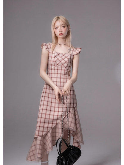 COTRE rose bean paste artistic texture fishtail plaid irregular hem suspender dress