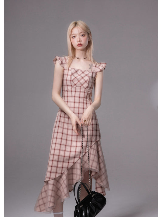 COTRE rose bean paste artistic texture fishtail plaid irregular hem suspender dress