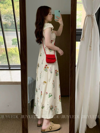 JIUYUEDI Late September Korean Style Linen Floral V-Neck Short-Sleeve Floral Print Dress - A Stunning Summer Dress for Women