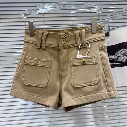 Popular 2025 Winter New Style Street Style Hot Girl Metal Buckle 3D Pocket Fleece Lined Three-Point Denim Shorts for Women