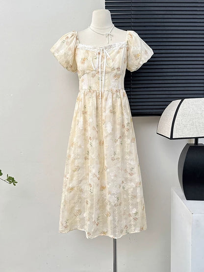Gentle style sweet floral puff sleeve dress for women summer niche design hollow embroidery loose big swing skirt