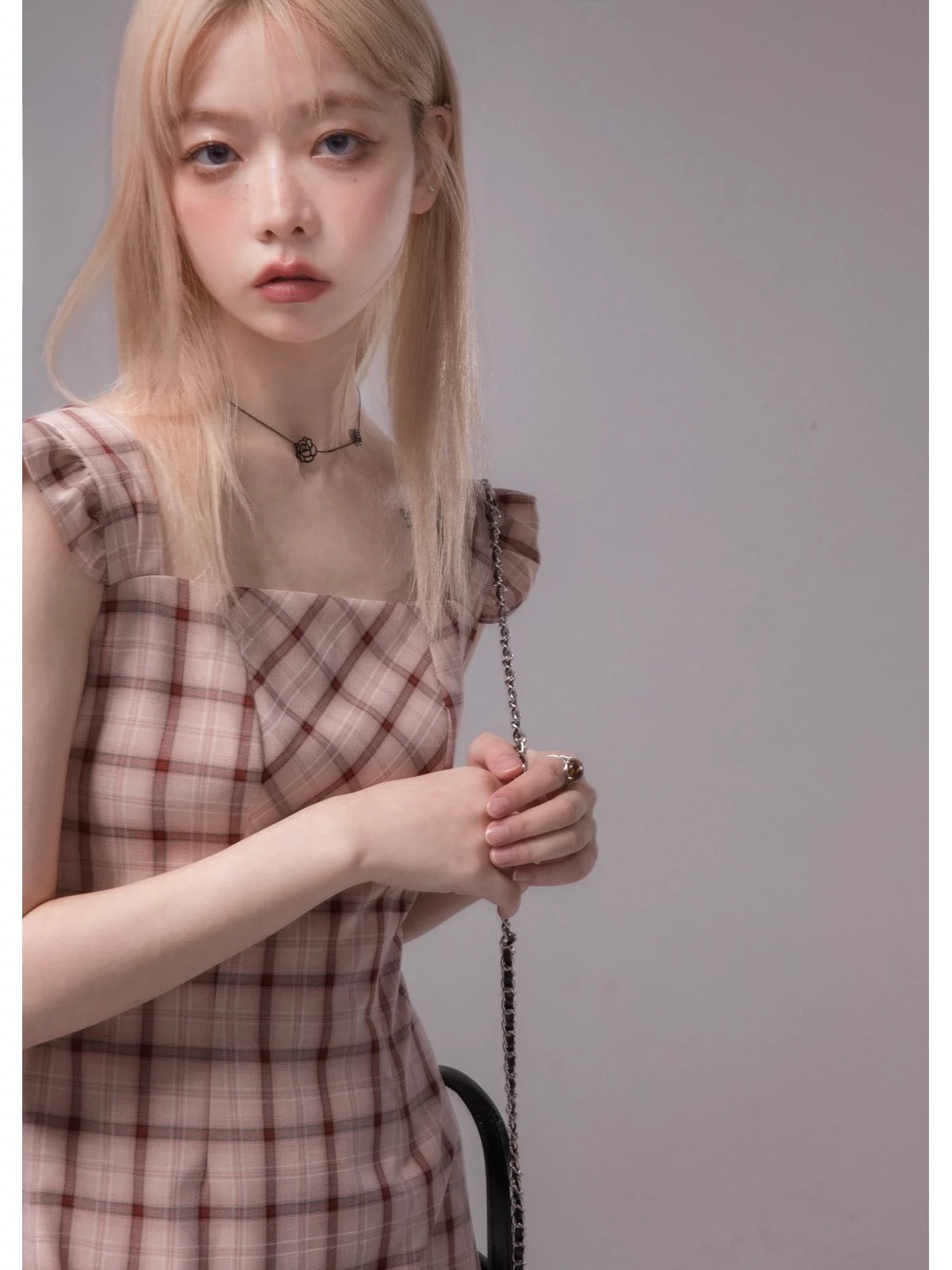 COTRE rose bean paste artistic texture fishtail plaid irregular hem suspender dress