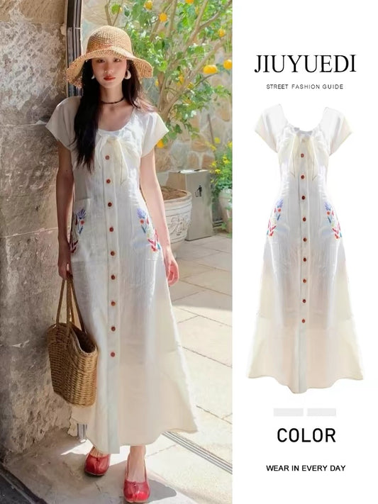 JIUYUEDI Late September French Retro Elegant Embroidered Jacquard Cardigan Dress - Slim Fit and Flattering Long Dress