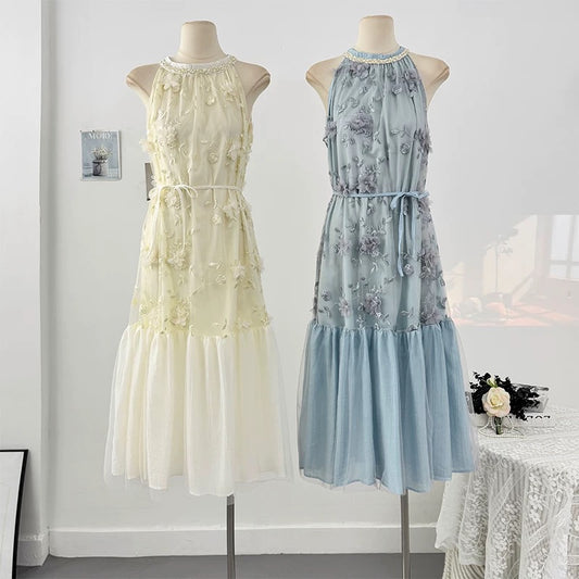 French romantic three-dimensional flower embroidery halter neck off-shoulder dress for women spring 2025 waist tie fishtail long skirt
