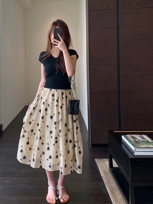 AMR UU◆Girly elegant and fashionable skirt high waist A-line printed skirt mid-length skirt female spring and summer new style
