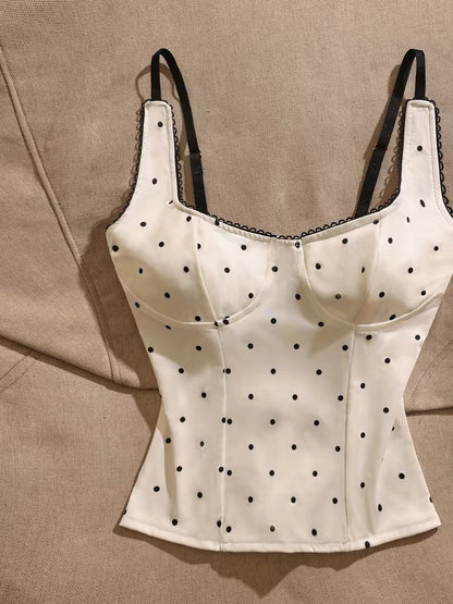 Women's Polka-Dot Sleeveless Camisole with Lace Trim – A Unique, Stylish Design Suitable for Layering or Wearing Solo as a Tube Top