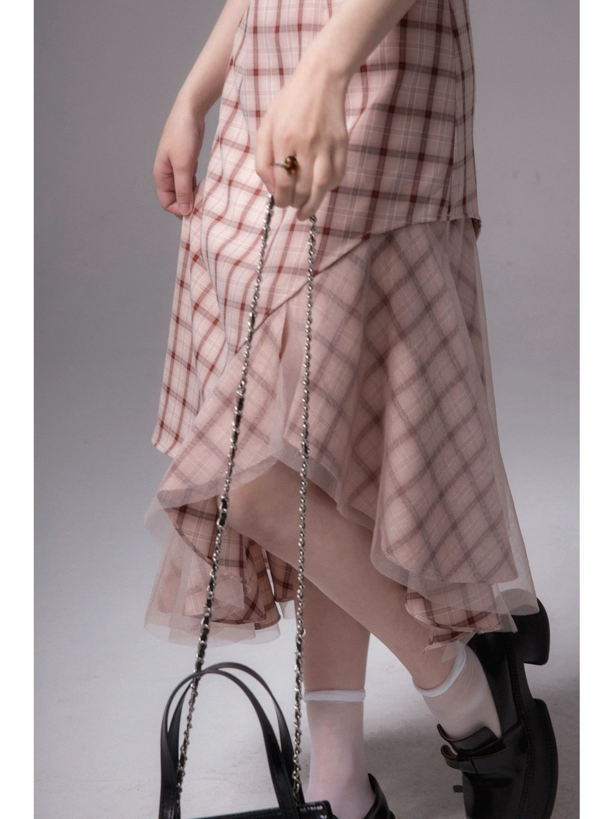 COTRE rose bean paste artistic texture fishtail plaid irregular hem suspender dress