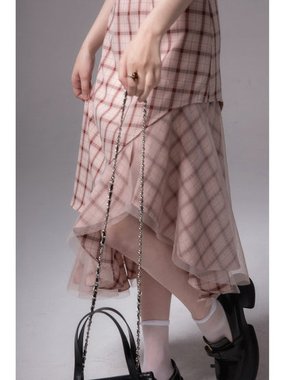 COTRE rose bean paste artistic texture fishtail plaid irregular hem suspender dress