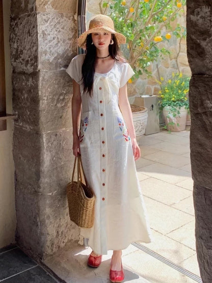 JIUYUEDI Late September French Retro Elegant Embroidered Jacquard Cardigan Dress - Slim Fit and Flattering Long Dress