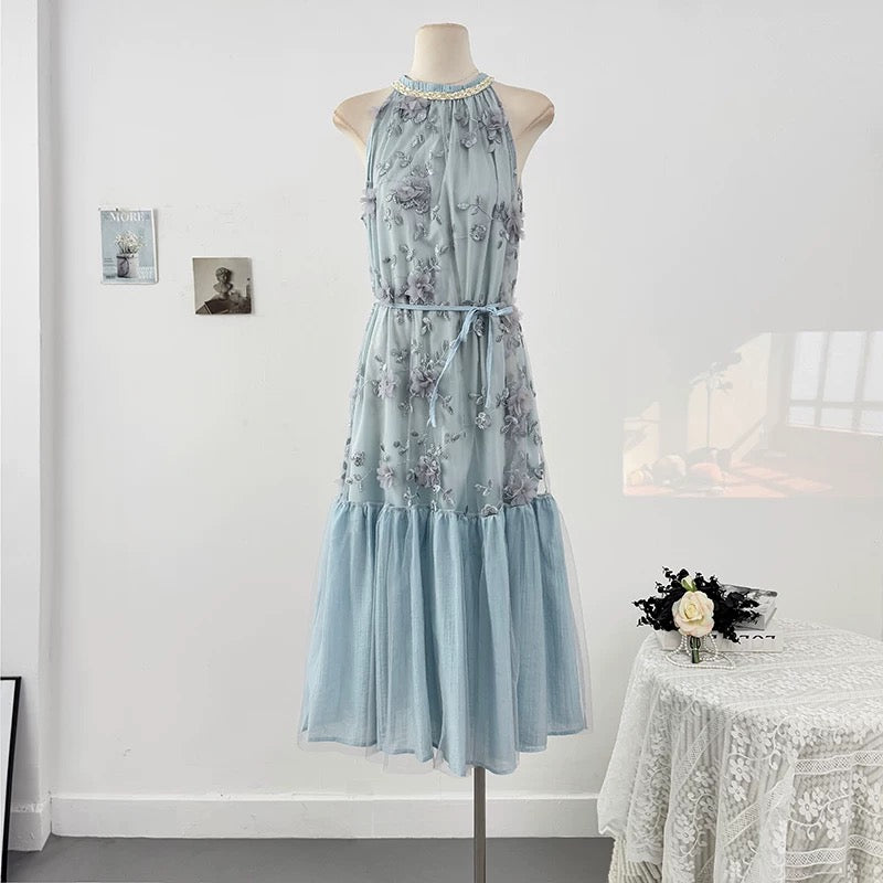 French romantic three-dimensional flower embroidery halter neck off-shoulder dress for women spring 2025 waist tie fishtail long skirt
