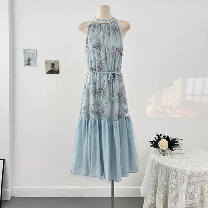French romantic three-dimensional flower embroidery halter neck off-shoulder dress for women spring 2025 waist tie fishtail long skirt