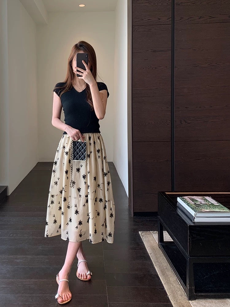 AMR UU◆Girly elegant and fashionable skirt high waist A-line printed skirt mid-length skirt female spring and summer new style