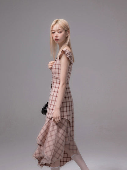 COTRE rose bean paste artistic texture fishtail plaid irregular hem suspender dress