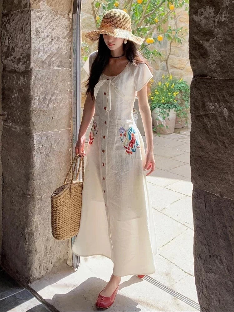 JIUYUEDI Late September French Retro Elegant Embroidered Jacquard Cardigan Dress - Slim Fit and Flattering Long Dress