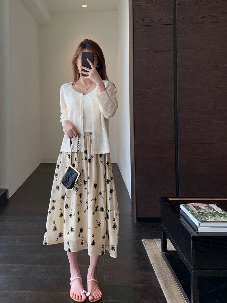 AMR UU◆Girly elegant and fashionable skirt high waist A-line printed skirt mid-length skirt female spring and summer new style