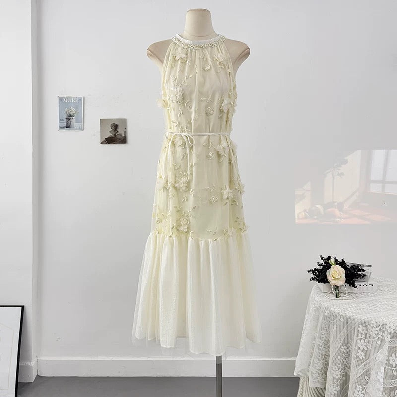 French romantic three-dimensional flower embroidery halter neck off-shoulder dress for women spring 2025 waist tie fishtail long skirt