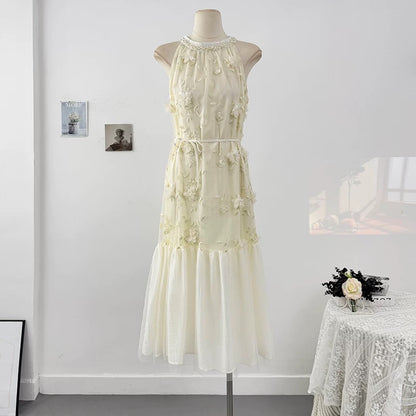 French romantic three-dimensional flower embroidery halter neck off-shoulder dress for women spring 2025 waist tie fishtail long skirt