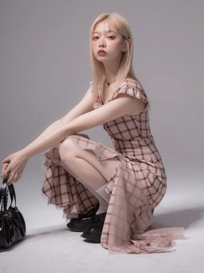 COTRE rose bean paste artistic texture fishtail plaid irregular hem suspender dress
