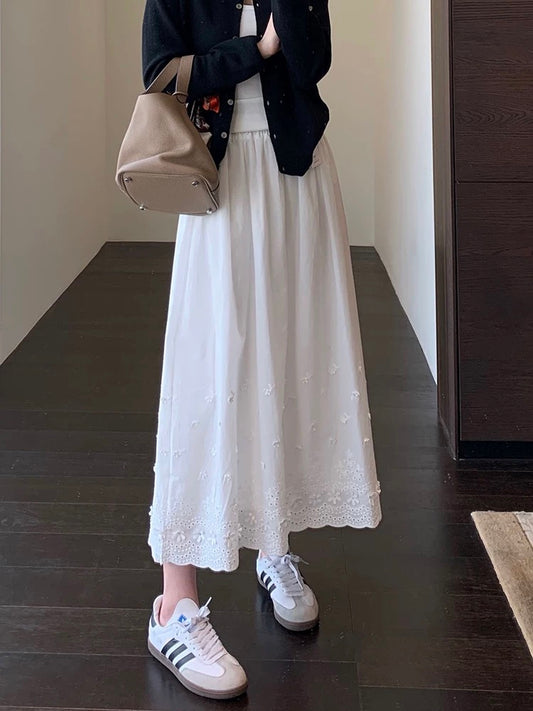 AMR UU◆Girly skirt Heavy embroidery high waist A-line skirt White mid-length skirt for women Spring and summer new
