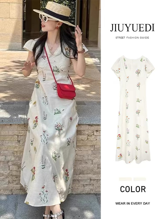 JIUYUEDI Late September French Retro Artistic Short-Sleeved Embroidered Floral Long Dress Women's Waist-Defining V-Neck Dress