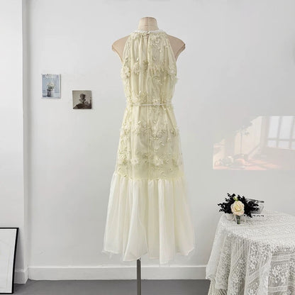 French romantic three-dimensional flower embroidery halter neck off-shoulder dress for women spring 2025 waist tie fishtail long skirt