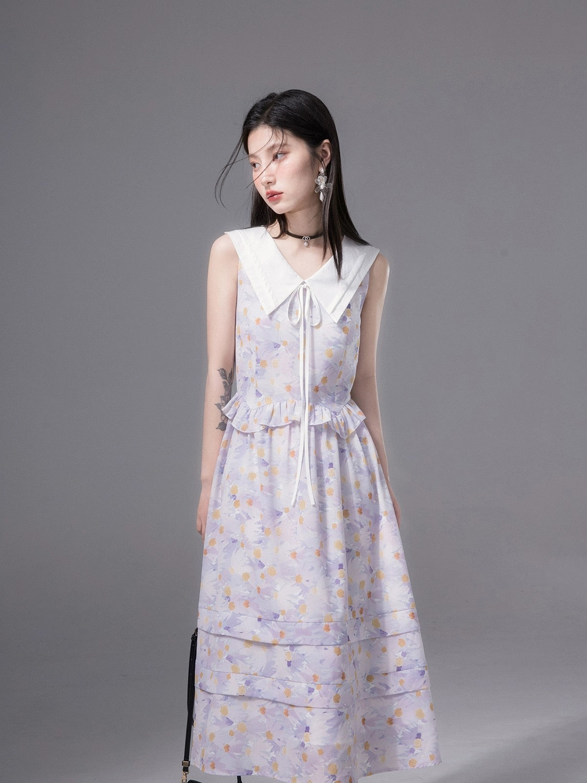 COTRE independent design taro purple lapel floral dress