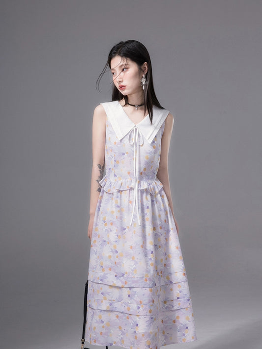 COTRE independent design taro purple lapel floral dress