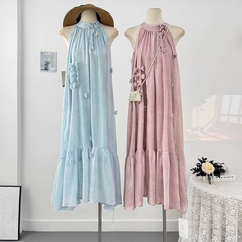 French tie-dye three-dimensional flower halter neck off-shoulder dress female summer 2025 pleated loose drape long skirt
