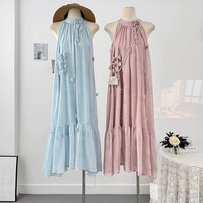 French tie-dye three-dimensional flower halter neck off-shoulder dress female summer 2025 pleated loose drape long skirt