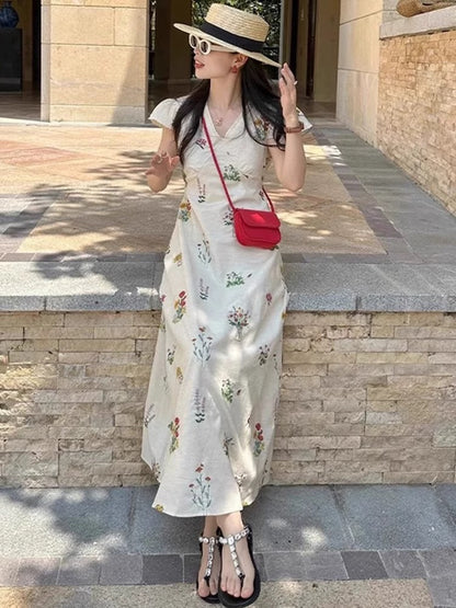 JIUYUEDI Late September French Retro Artistic Short-Sleeved Embroidered Floral Long Dress Women's Waist-Defining V-Neck Dress