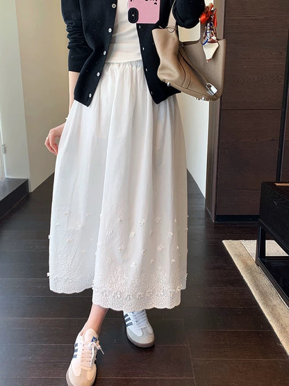 AMR UU◆Girly skirt Heavy embroidery high waist A-line skirt White mid-length skirt for women Spring and summer new