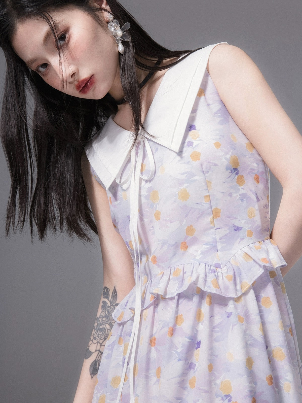 COTRE independent design taro purple lapel floral dress