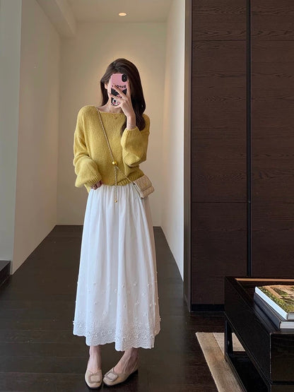 AMR UU◆Girly skirt Heavy embroidery high waist A-line skirt White mid-length skirt for women Spring and summer new