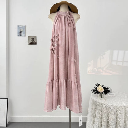 French tie-dye three-dimensional flower halter neck off-shoulder dress female summer 2025 pleated loose drape long skirt