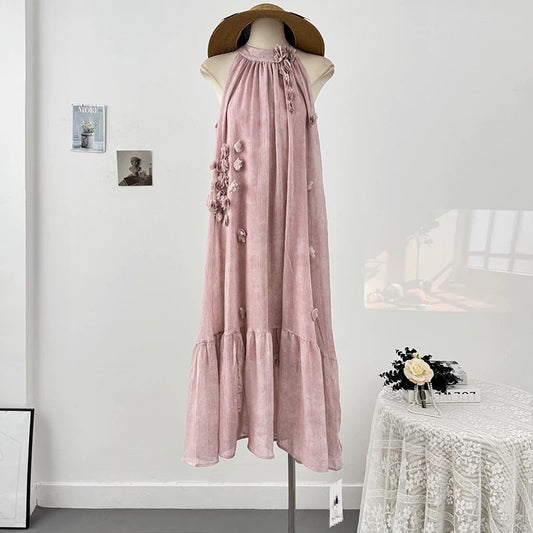 French tie-dye three-dimensional flower halter neck off-shoulder dress female summer 2025 pleated loose drape long skirt