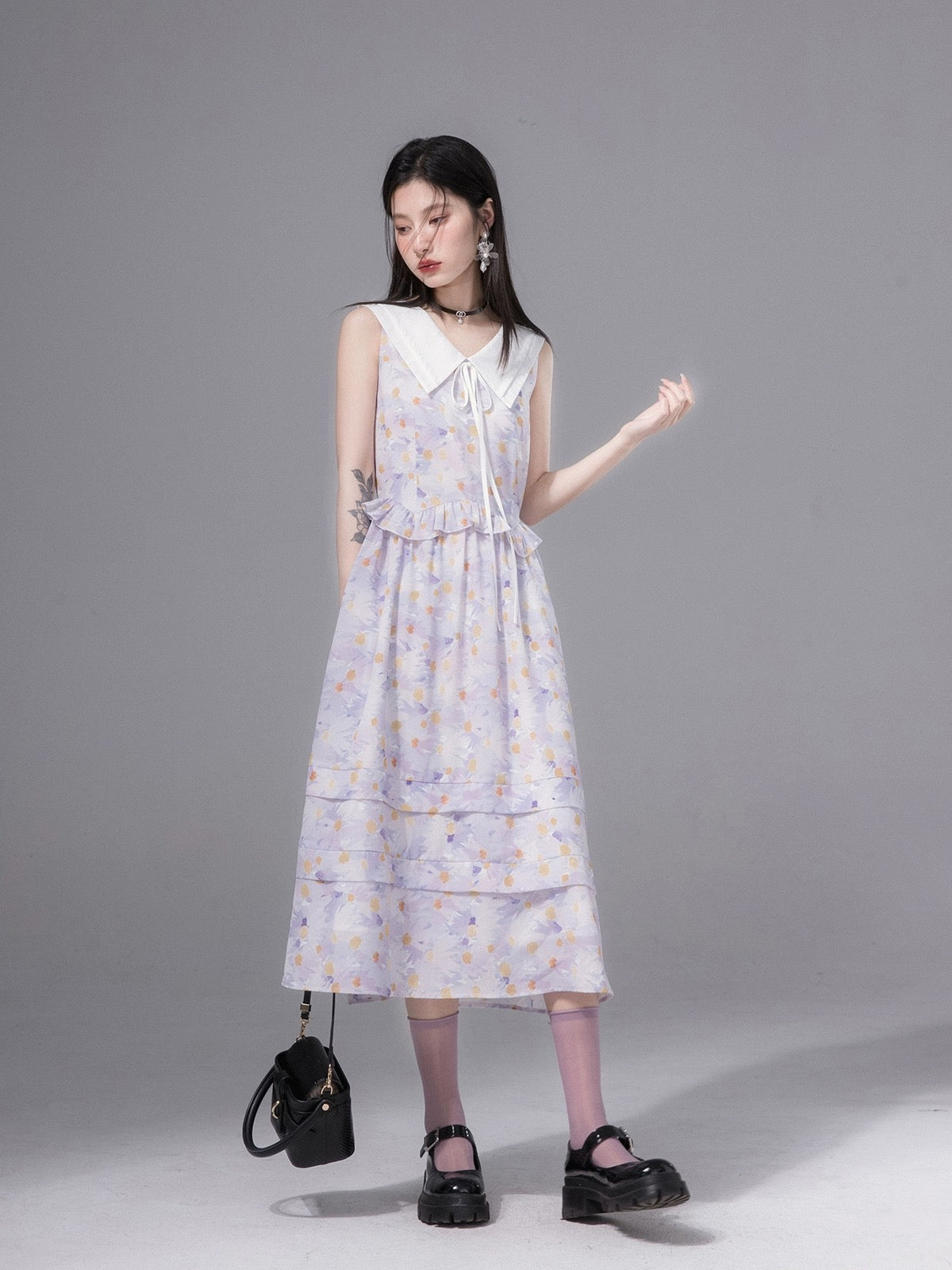 COTRE independent design taro purple lapel floral dress