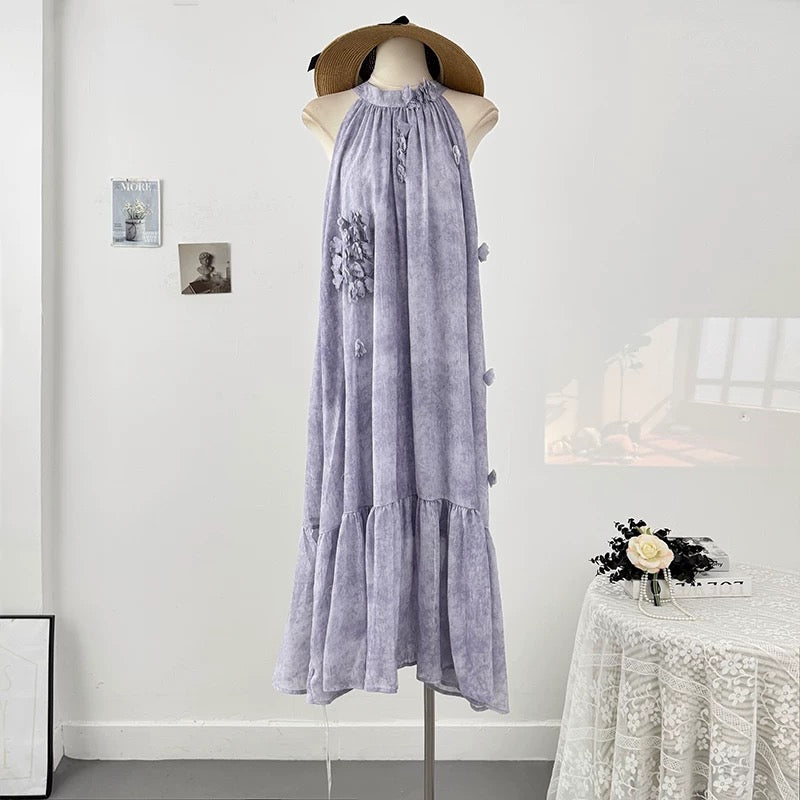French tie-dye three-dimensional flower halter neck off-shoulder dress female summer 2025 pleated loose drape long skirt