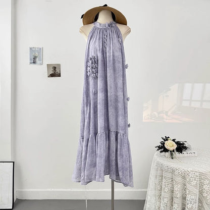 French tie-dye three-dimensional flower halter neck off-shoulder dress female summer 2025 pleated loose drape long skirt