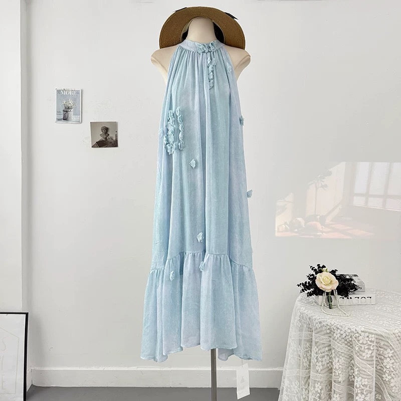 French tie-dye three-dimensional flower halter neck off-shoulder dress female summer 2025 pleated loose drape long skirt
