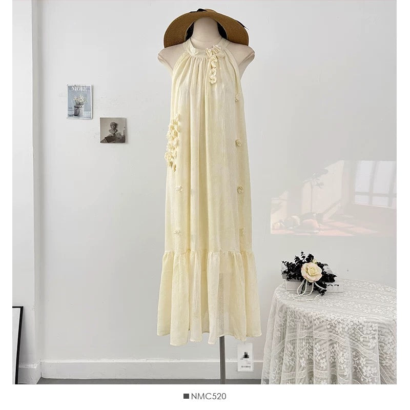 French tie-dye three-dimensional flower halter neck off-shoulder dress female summer 2025 pleated loose drape long skirt