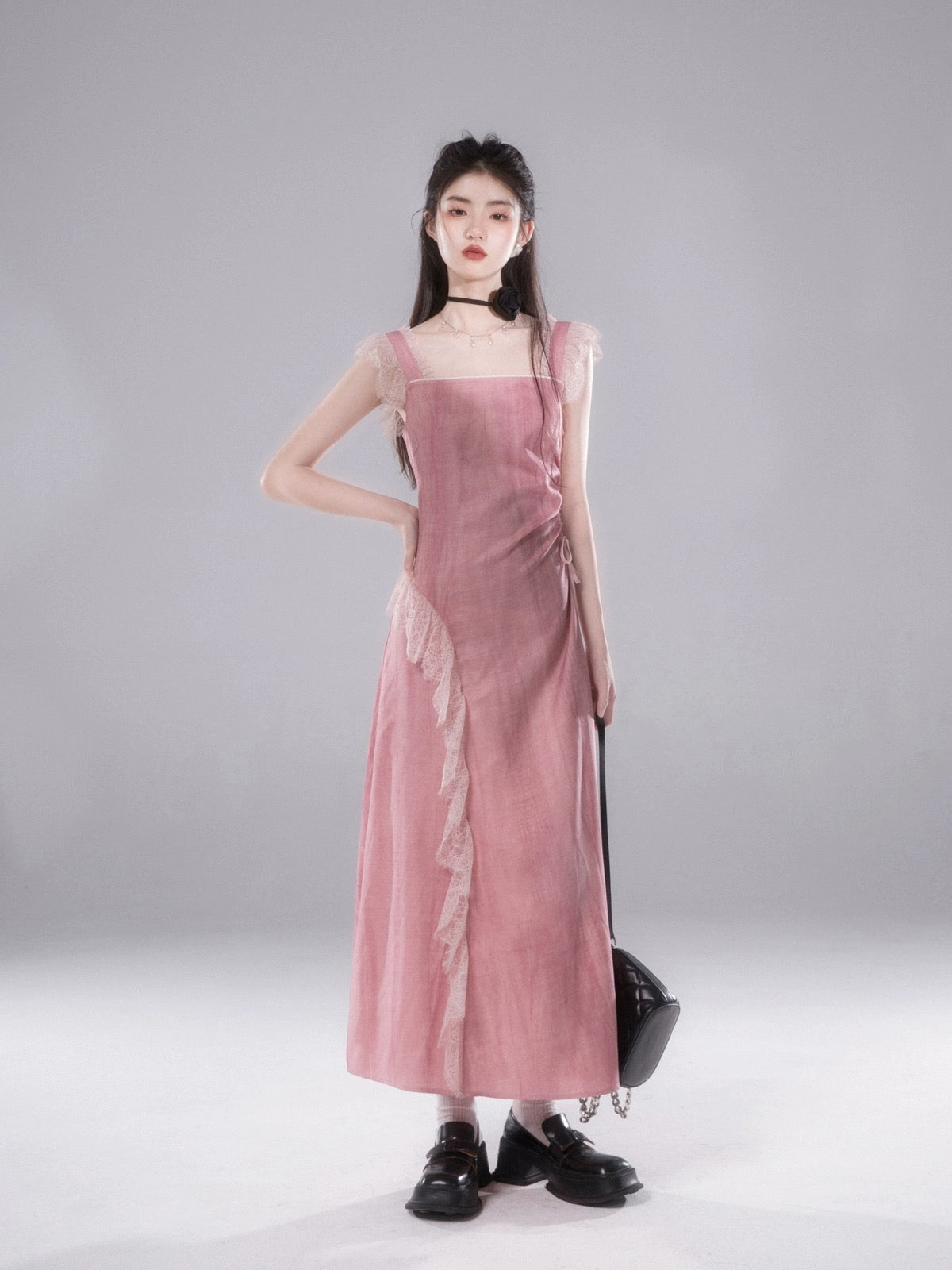 COTRE overflowing red mulberry tie-dye artistic plant-dyed lace suspender dress