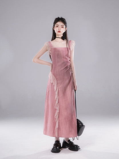 COTRE overflowing red mulberry tie-dye artistic plant-dyed lace suspender dress