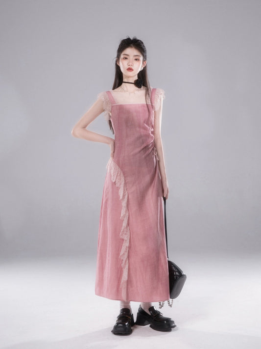 COTRE overflowing red mulberry tie-dye artistic plant-dyed lace suspender dress