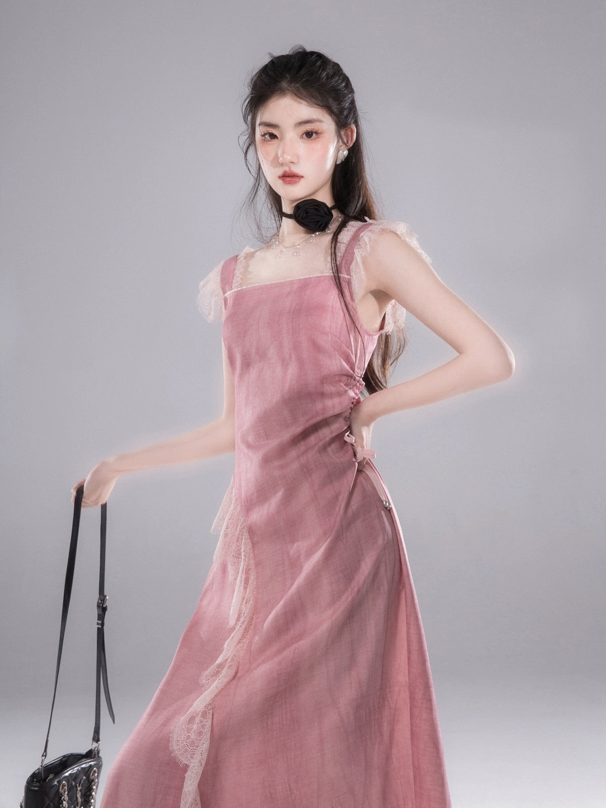 COTRE overflowing red mulberry tie-dye artistic plant-dyed lace suspender dress