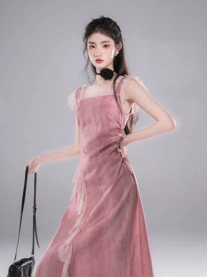 COTRE overflowing red mulberry tie-dye artistic plant-dyed lace suspender dress