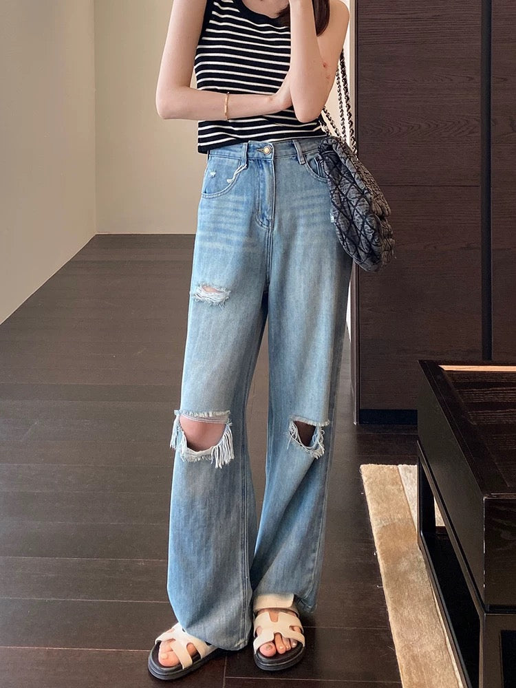 AMR UU◆Fashionable holes, long legs, high waist, narrow version, straight loose wide leg pants, women's jeans, new summer style