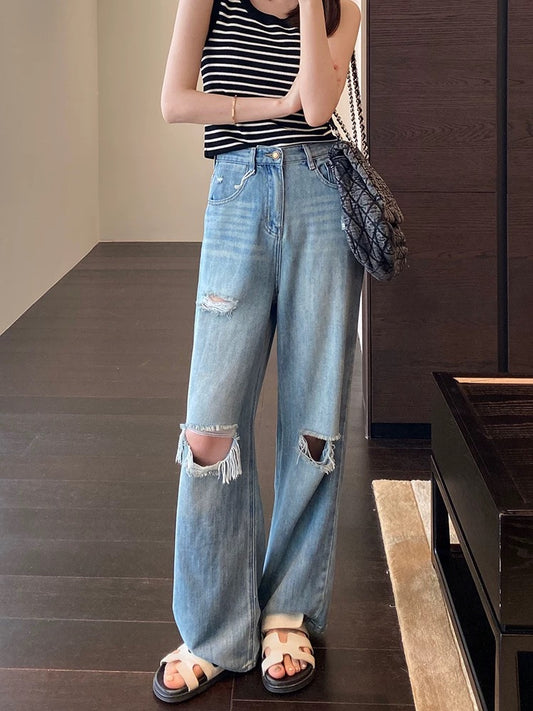 AMR UU◆Fashionable holes, long legs, high waist, narrow version, straight loose wide leg pants, women's jeans, new summer style